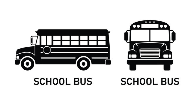 Two school bus silhouettes in side and front views on a white background silhouette