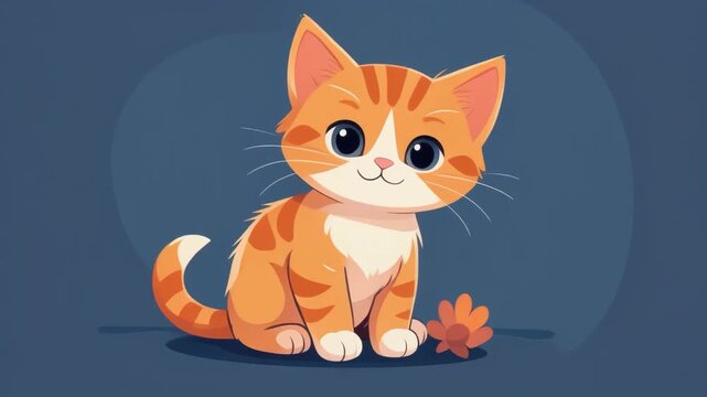Cute 2D cartoon animated ginger kitten sitting playfully with a small autumn leaf flat vector illustration design