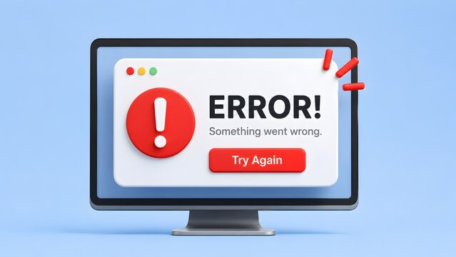 3D Desktop Monitor Error Window Warning Alert Something Went Wrong User Interface Failure Concept