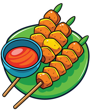 Delicious grilled satay skewers served on green plate with spicy red dipping sauce cartoon style vector illustration 