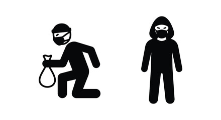 Two criminal figures in black one kneeling with rope one standing simple silhouette © Mithon