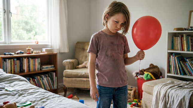 Sad child holding red balloon in messy bedroom. Disappointed boy looking at dirty shirt after birthday celebration. Childhood disappointment concept