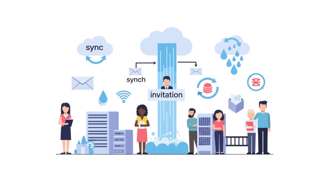 Invitation and sync icons in a data center with diverse team