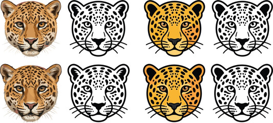 Leopard head vector set featuring jaguar cheetah wild cat faces in realistic flat cartoon and black linear outline styles isolated on white background illustration © MdMahfizur