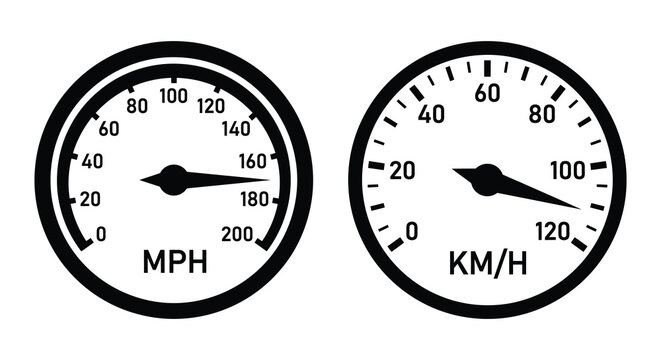 Speedometer gauges displaying miles per hour and kilometers per hour black silhouette
