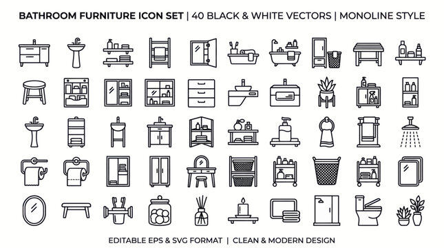 Bathroom Furniture Black and White Icon Set &ndash; Vanity, Cabinet, Mirror Vector Icons