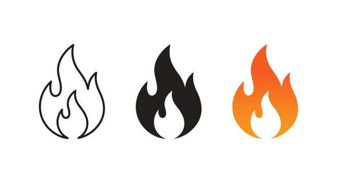 Flame icon set representing fire, heat, and intensity in outline, solid, and gradient variations