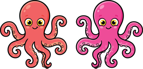 Cute cartoon octopus mascot character set featuring smiling red and pink sea creatures with big yellow eyes isolated on white background vector illustration © MdMahfizur