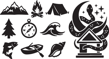Obraz premium Outdoor Adventure Icons and Nature Symbols Collection