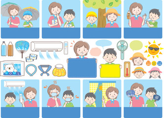 Fototapeta premium 親子のかわいい熱中症対策セット【文字なし】
