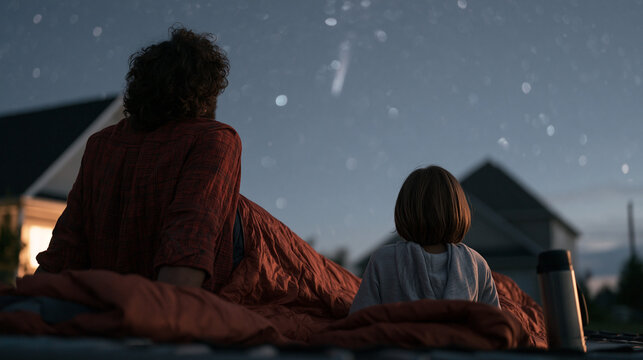 Dad and preteen daughter watching meteor shower from sleeping bags on trampoline in backyard, thermos nearby, suburban house silhouetted, summer night sky above, intimate Fathers Day eve stargazing 