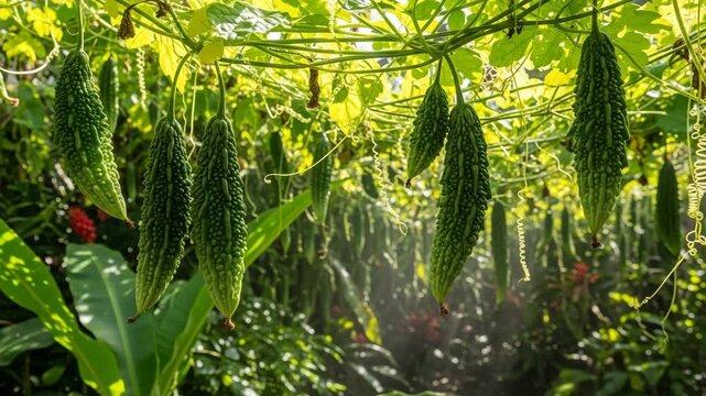 Bitter melon gourds growing in lush green garden with sunlight 4K HD high quality video.

