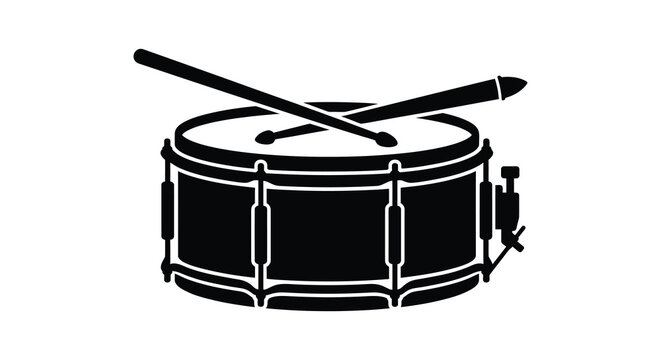 Black snare drum with drumsticks on a white background musical instrument silhouette