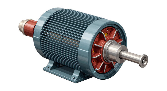 Industrial electric motor with blue metal housing, high-performance induction motor for manufacturing, heavy-duty electrical engine on white background