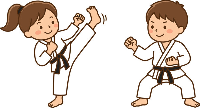 Cute cartoon martial arts kids vector set featuring boy and girl wearing white karate gi black belt kicking punching isolated on white background illustration