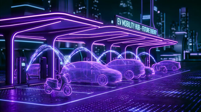 Electric vehicle charging station hub with connected cars and scooters.