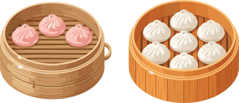 Traditional Chinese dim sum vector set featuring pink dumplings and white baozi meat buns inside round wooden bamboo steamer baskets isolated on white background illustration