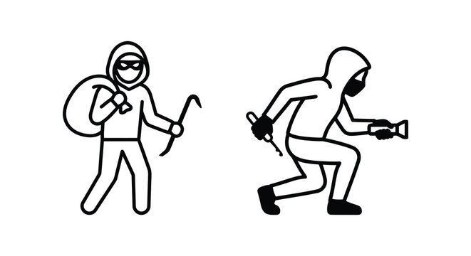 Two criminal silhouettes with burglary tools against a white background silhouette