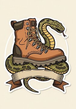 Vintage Style Illustration of a Brown Leather Work Boot with a Coiled Snake and Blank Ribbon Banner for Custom Text