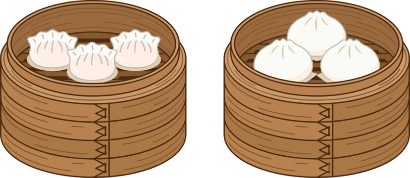 Traditional Chinese dim sum vector set featuring steamed dumplings gyoza and baozi meat buns inside round bamboo steamer baskets isolated on white background illustration