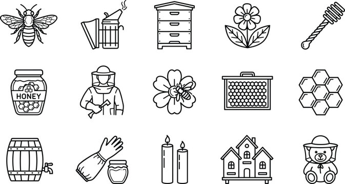 Beekeeping apiary thin line icon set featuring organic honey jar honeycomb wooden barrel beehive protective smoker beekeeper suit candles flower isolated on white background vector