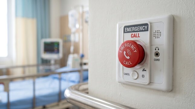 Emergency call button on hospital wall with red alert light in medical setting