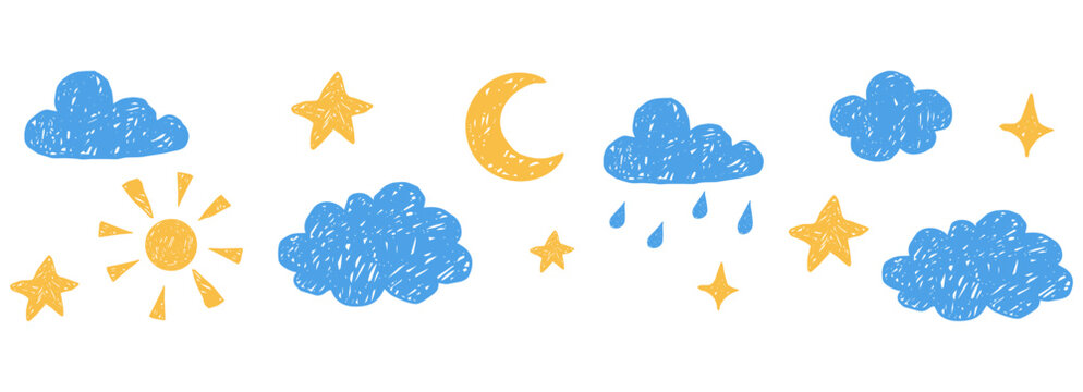 Crayon cloud hand drawn naive kids, baby, school seamless border. Childlike scribble clouds, star, moon drawn with chalk weather elements, kid drawings. 