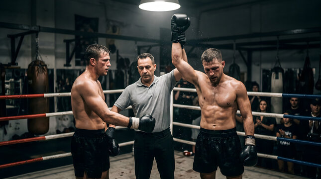 Professional boxing match victory with a referee raising the hand of the winning athlete in a dark and gritty indoor ring