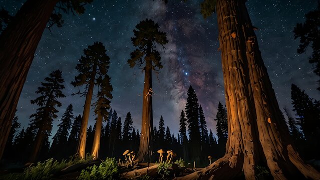 Low Angle View of Majestic Giant Sequoia Trees Under Beautiful Starry Night Sky and Milky Way Galaxy Astrophotography in Ancient Forest Wilderness at Night Nature Background