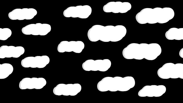 Cute cartoon white clouds floating on black background simple animated weather sky pattern loop