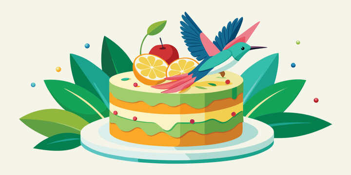 Green birthday cake with fresh fruit, delicious dessert, tropical fruits