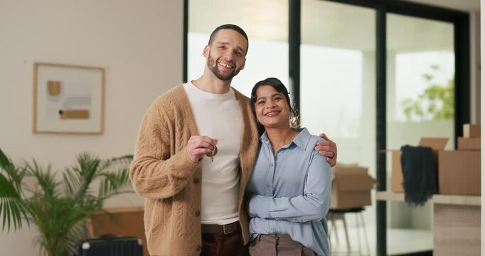 Face, couple and hug with keys to new home for property purchase, moving in and marriage goals. Real estate, happy people and embrace with keychain for dream house, investment and relocation support