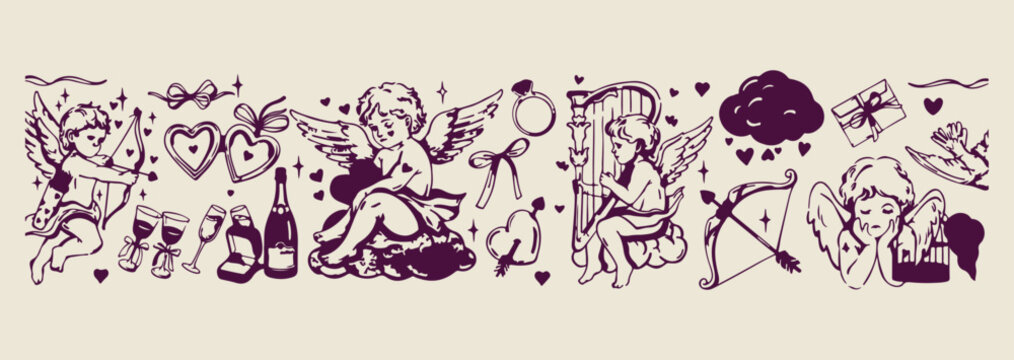 cherub cupid angel doodles, romantic love angel set, wedding cherub line art, cute cupid icon collection, heavenly angel love graphic, cherub ring arrow doodle, premium vector love asset
cherub, cupid