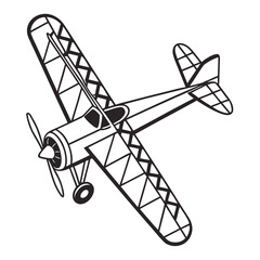 Line art of a biplane with propeller and wheels white background landing gear © saharima