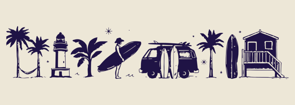 surfer van beach illustration, retro travel lifestyle sketch, vintage surfboard van art, summer coastal road trip, minimalist beach vacation graphic, classic surf camper van, premium vector travel des