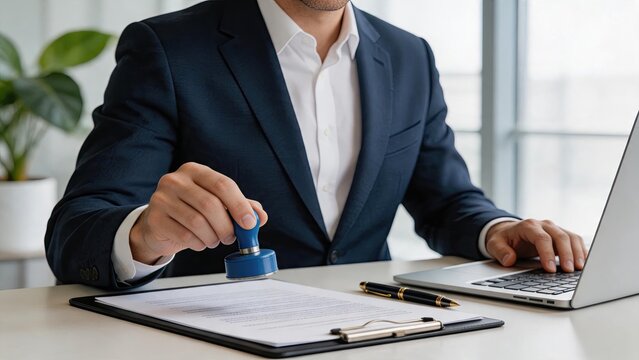 Businessman hand stamping official seal on contract document at office desk with laptop computer for legal agreement authorization and corporate paperwork processing