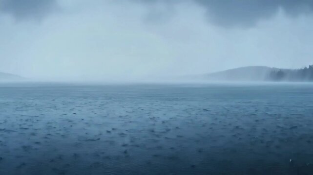 Rainy lake boat moored at wooden pier, lonely wooden boat on calm water surface during rain, overcast weather with foggy mountains on background, moody atmospheric scene of solitude and nature