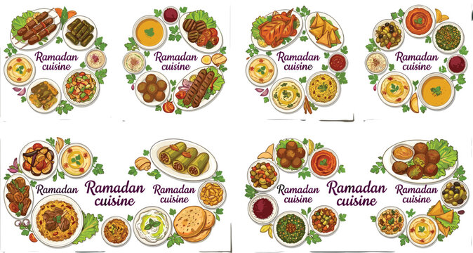Traditional Ramadan cuisine menu banners with Arabic food including falafel hummus kebab samosa dolma soup pita bread and rice dishes isolated on white background vector