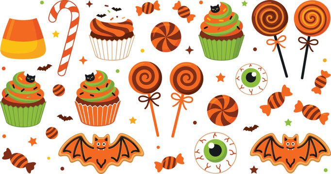 Spooky Halloween candy clipart bundle vector set with cartoon sweet lollipops creepy eyeballs orange bat cookies spooky cupcakes candy corn isolated on white background