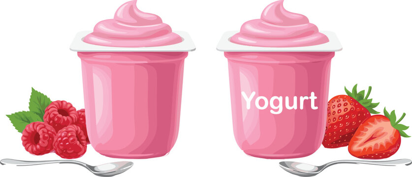 Creamy pink berry yogurt plastic cups vector set featuring delicious swirl toppings with fresh raspberries strawberry slices and spoons isolated on white background product illustration