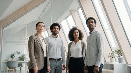 Obraz premium Diverse professional team standing in modern office, leadership and visionary corporate growth concept, low angle hero shot looking toward future.