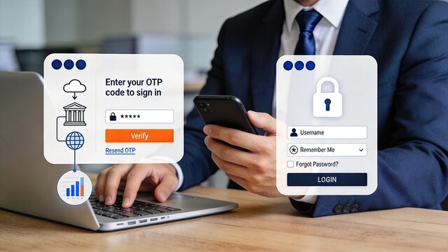 Man using smartphone for OTP verification and two factor authentication, secure login process with username and password entry on laptop screen, online banking security concept