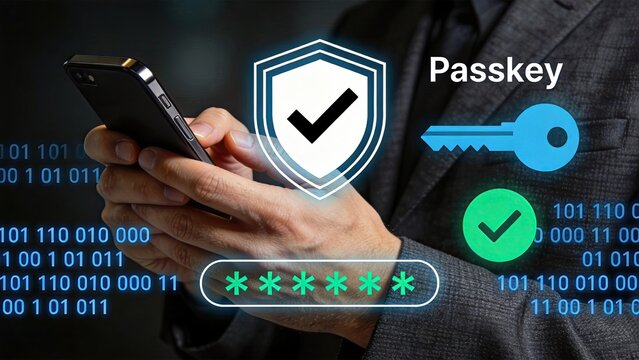 Passkey authentication on smartphone with security shield icon, biometric login and passwordless access concept, cyber protection for mobile banking and secure digital identity