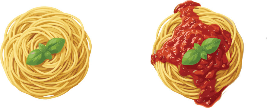 Traditional Italian spaghetti vector set featuring plain noodle nest with fresh basil leaf and pasta topped with rich red tomato bolognese sauce isolated on white background illustration