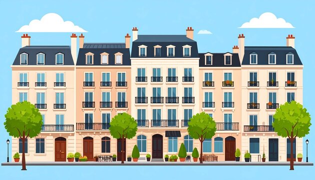 Elegant Parisian townhouse building with classic French architecture under blue sky