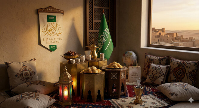 Eid al-Adha Mubarak celebration with traditional Saudi Arabian decor and desert view