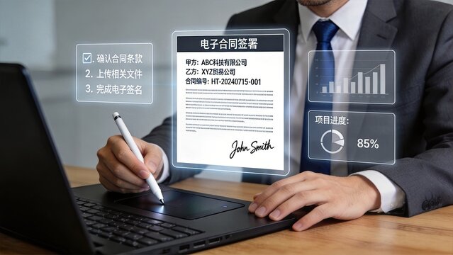 Electronic contract signing business deal, executive digitally signs agreement between ABC Tech and XYZ Trading companies with project progress tracking displayed via futuristic
