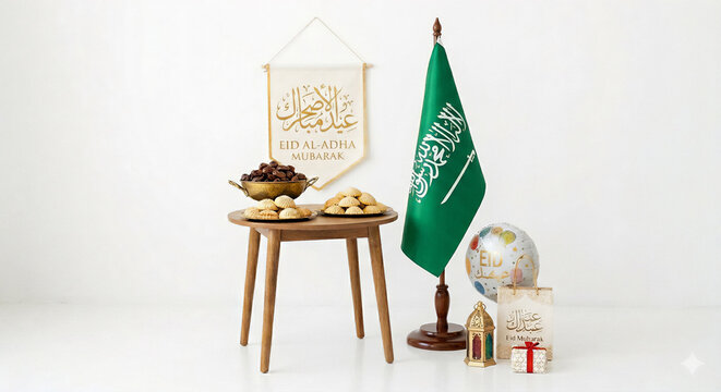 Eid al-Adha Celebration with Saudi Arabian Flag and Traditional Sweets