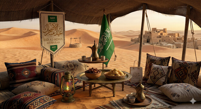 Eid al-Adha Mubarak celebration in a desert tent with traditional Saudi elements