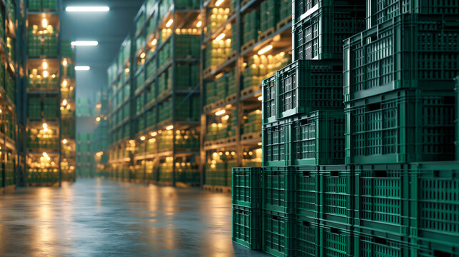 A warehouse with high racks completely filled with green plastic crates. The concept of logistics, product storage, and distribution.